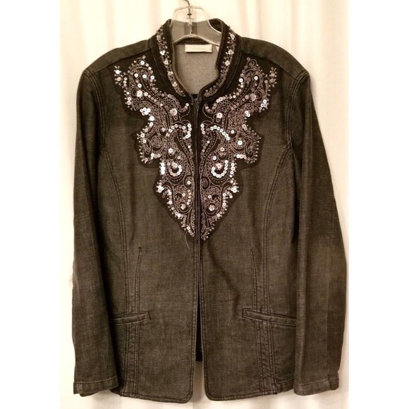 Chico's Sequin Beaded & Embroidered Black Denim Jacket Size 3 Boutique CHIC - Picture 3 of 6